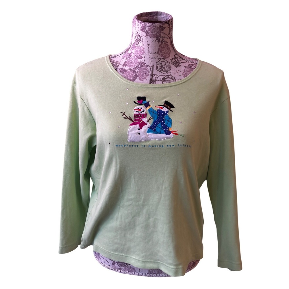 Cottagecore Womens Small‎ Lime Green Snowman Embroidered xmas Long Sleeve Shirt
